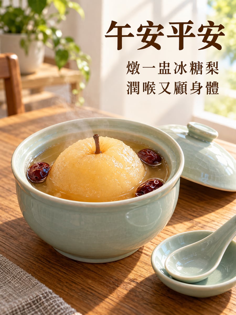冰糖燉梨。圖中文字：午安平安，燉一盅冰糖梨，潤喉又顧身體