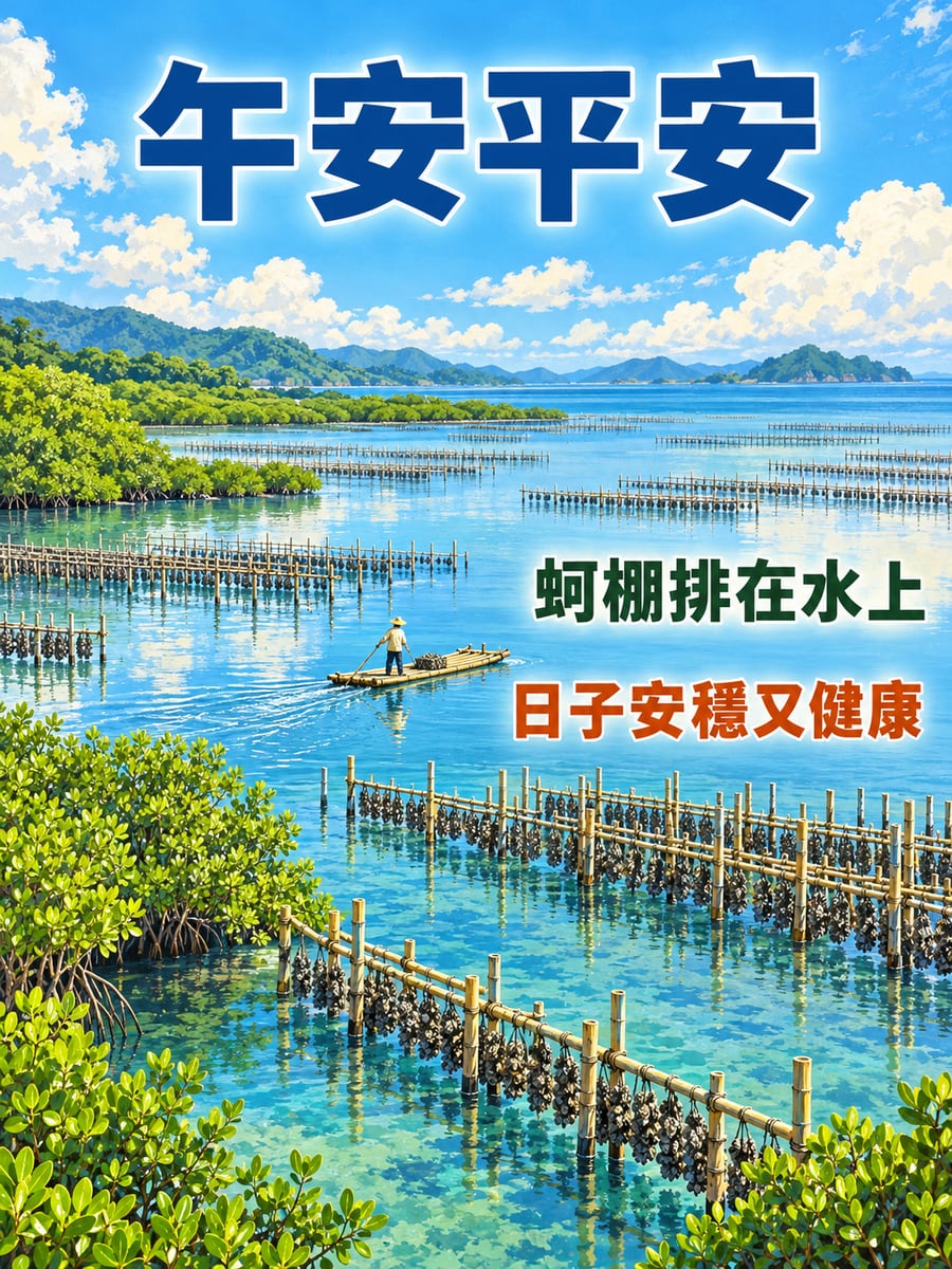 海灣的蚵棚。圖中文字：午安平安，蚵棚排在水上，日子安穩又健康