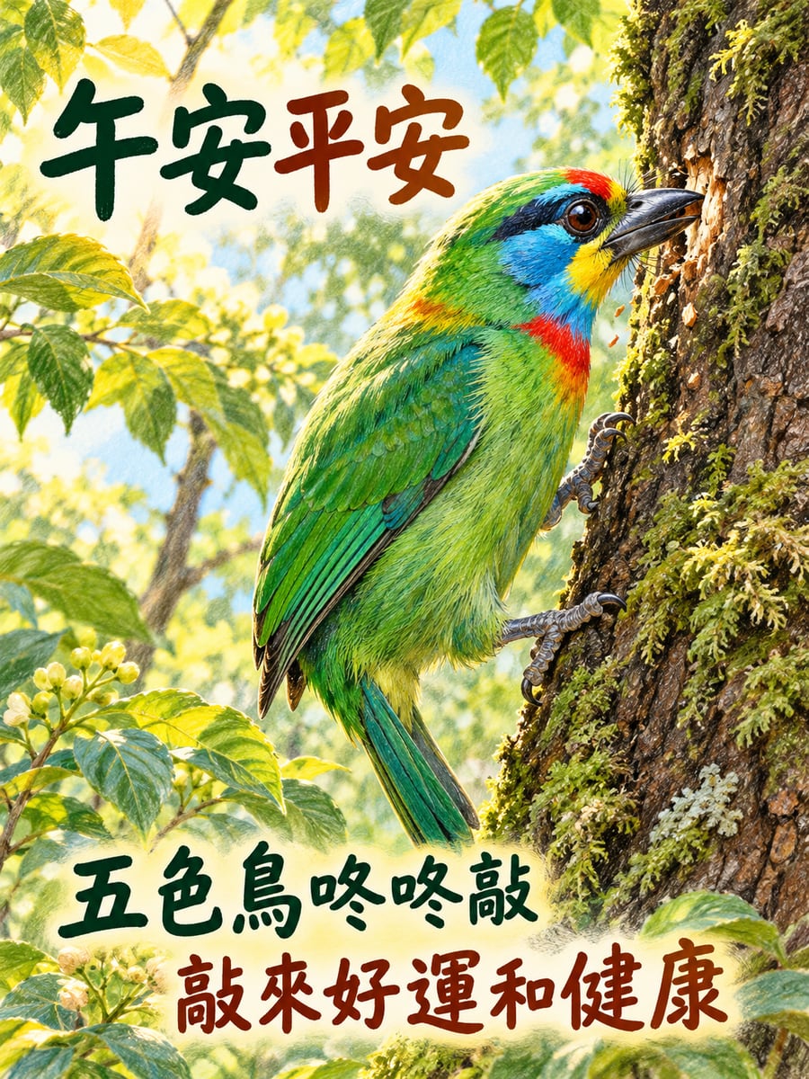 五色鳥敲樹幹。圖中文字：午安平安，五色鳥咚咚敲，敲來好運和健康