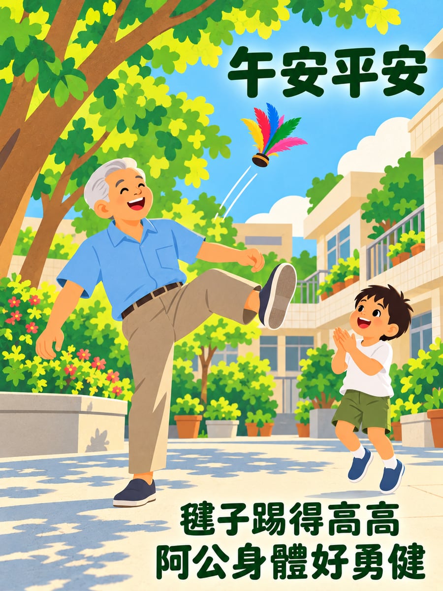 阿公踢毽子。圖中文字：午安平安，毽子踢得高高，阿公身體好勇健
