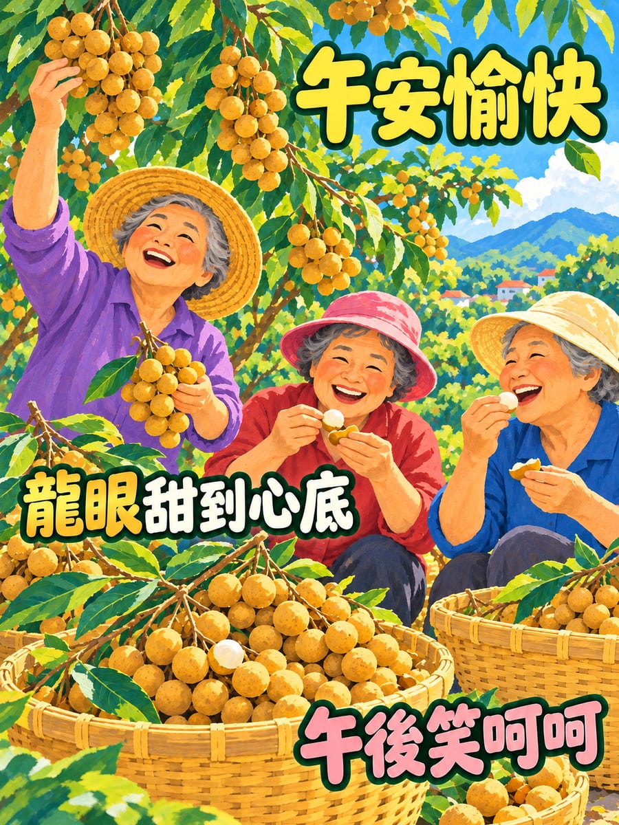 阿嬤們摘龍眼。圖中文字：午安愉快，龍眼甜到心底，午後笑呵呵