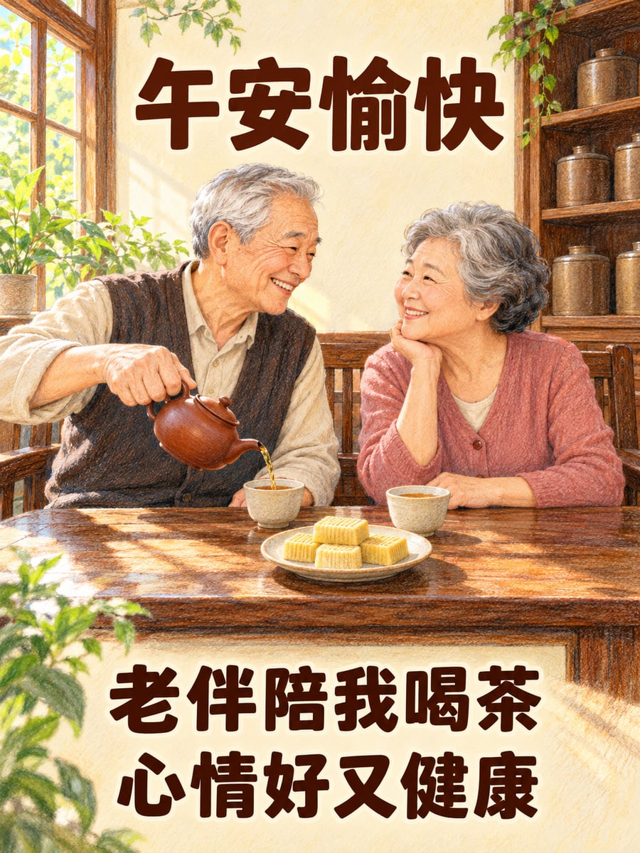 老夫妻喝下午茶。圖中文字：午安愉快，老伴陪我喝茶，心情好又健康