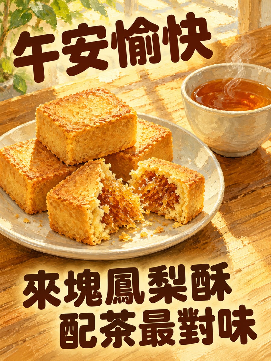 鳳梨酥配好茶。圖中文字：午安愉快，來塊鳳梨酥，配茶最對味