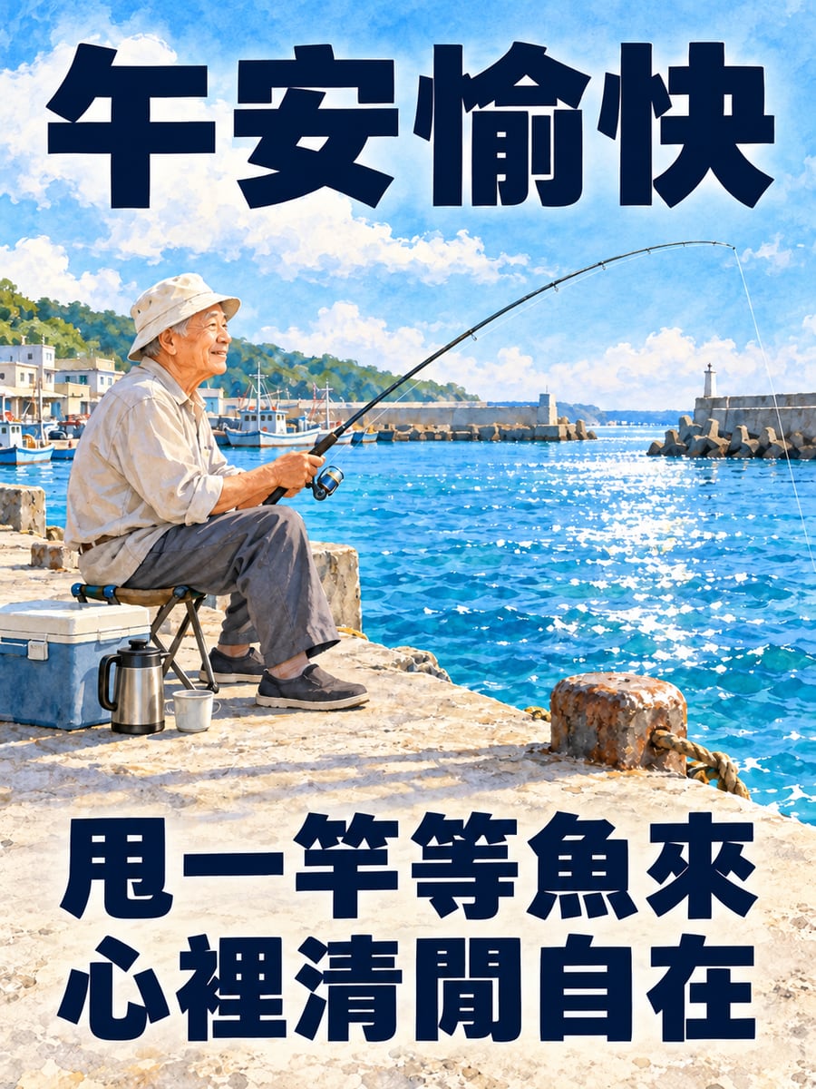 阿公堤防釣魚。圖中文字：午安愉快，甩一竿等魚來，心裡清閒自在