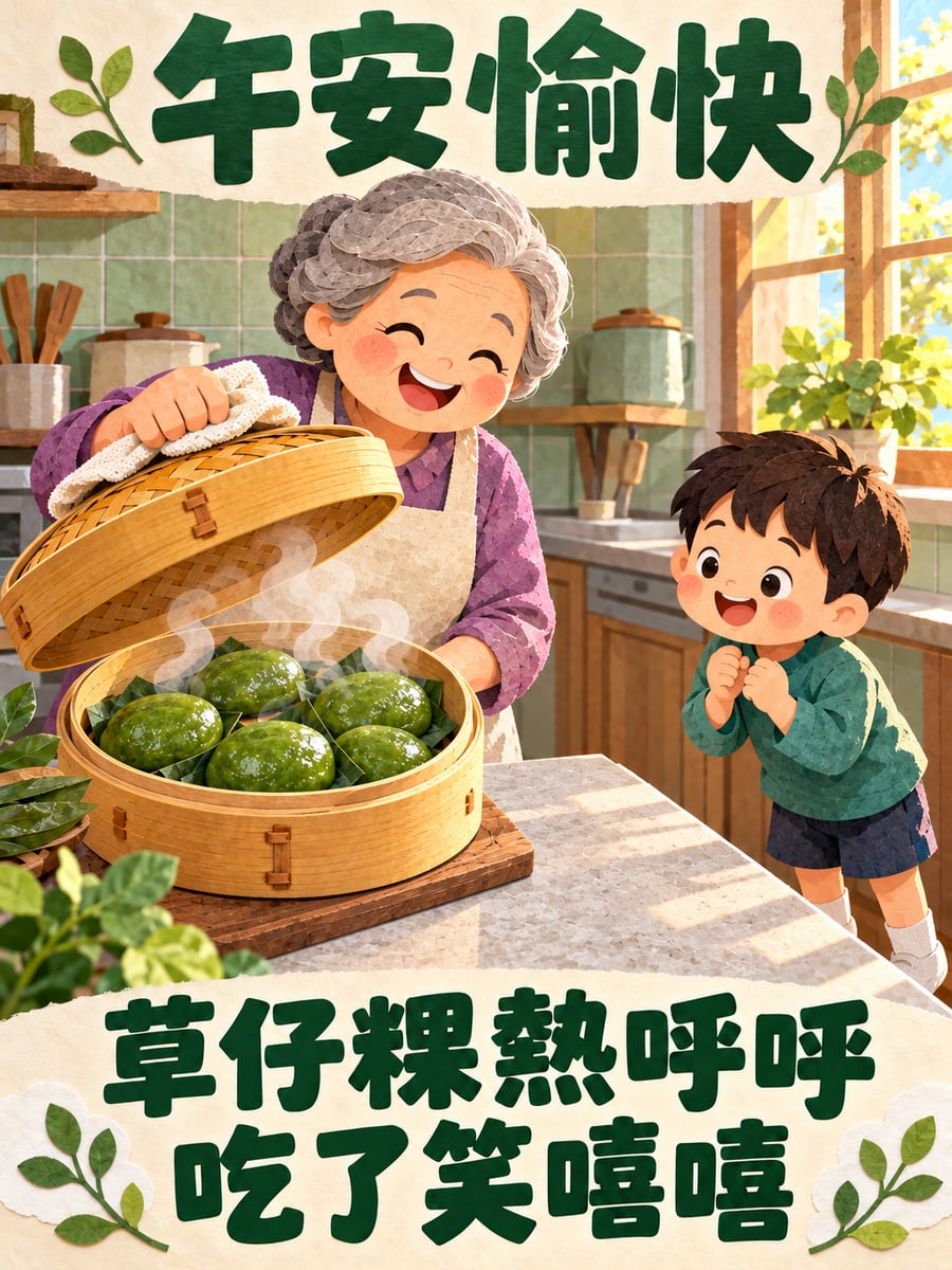 阿嬤蒸草仔粿。圖中文字：午安愉快，草仔粿熱呼呼，吃了笑嘻嘻