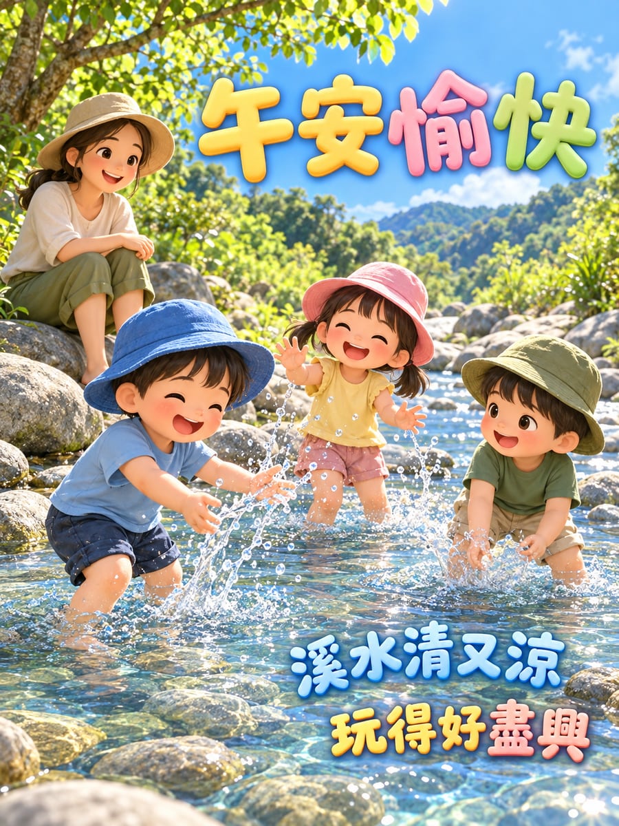 小朋友溪邊玩水。圖中文字：午安愉快，溪水清又涼，玩得好盡興