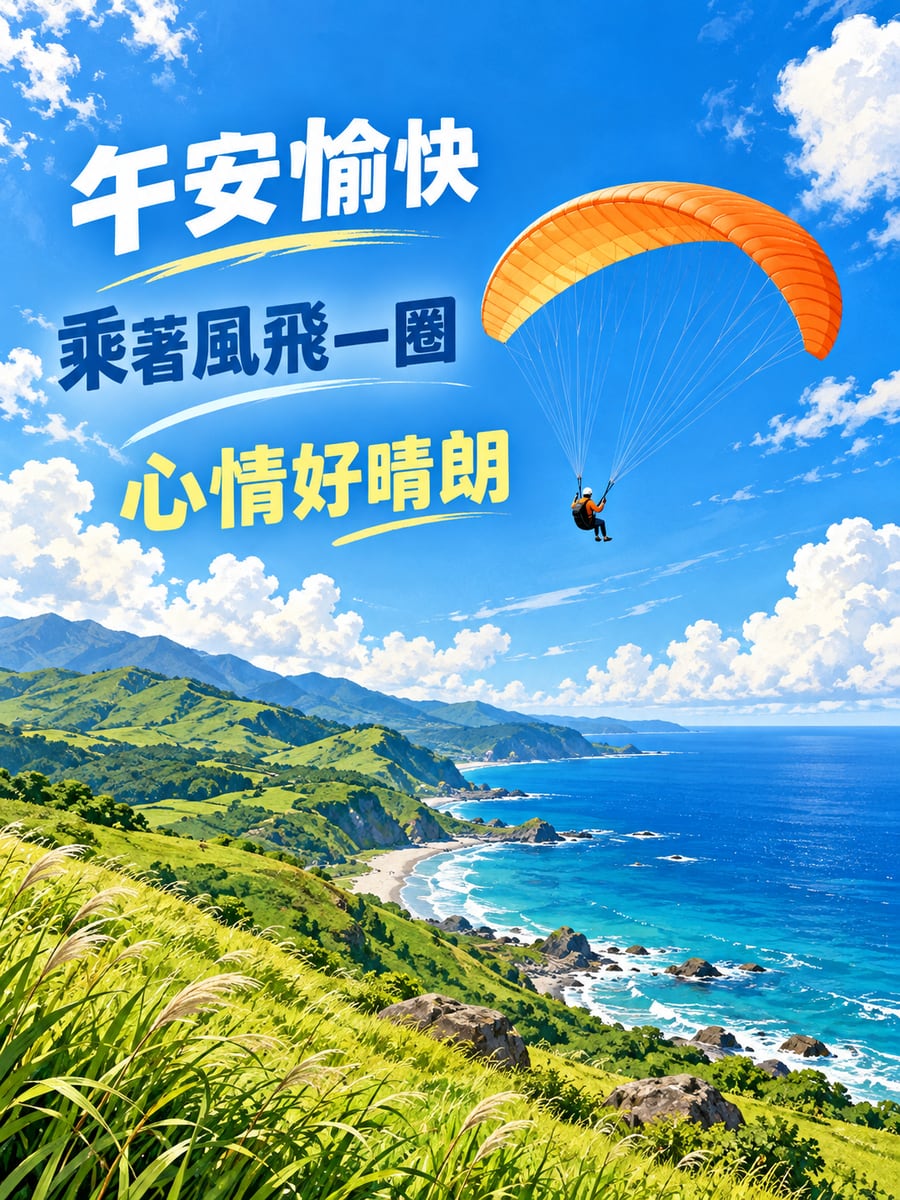 飛行傘乘風。圖中文字：午安愉快，乘著風飛一圈，心情好晴朗