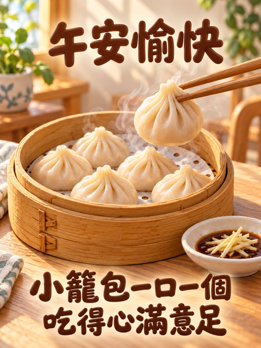 一籠小籠包。圖中文字：午安愉快，小籠包一口一個，吃得心滿意足