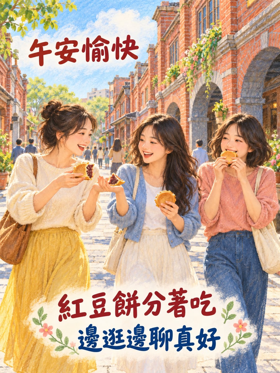 老街分紅豆餅。圖中文字：午安愉快，紅豆餅分著吃，邊逛邊聊真好