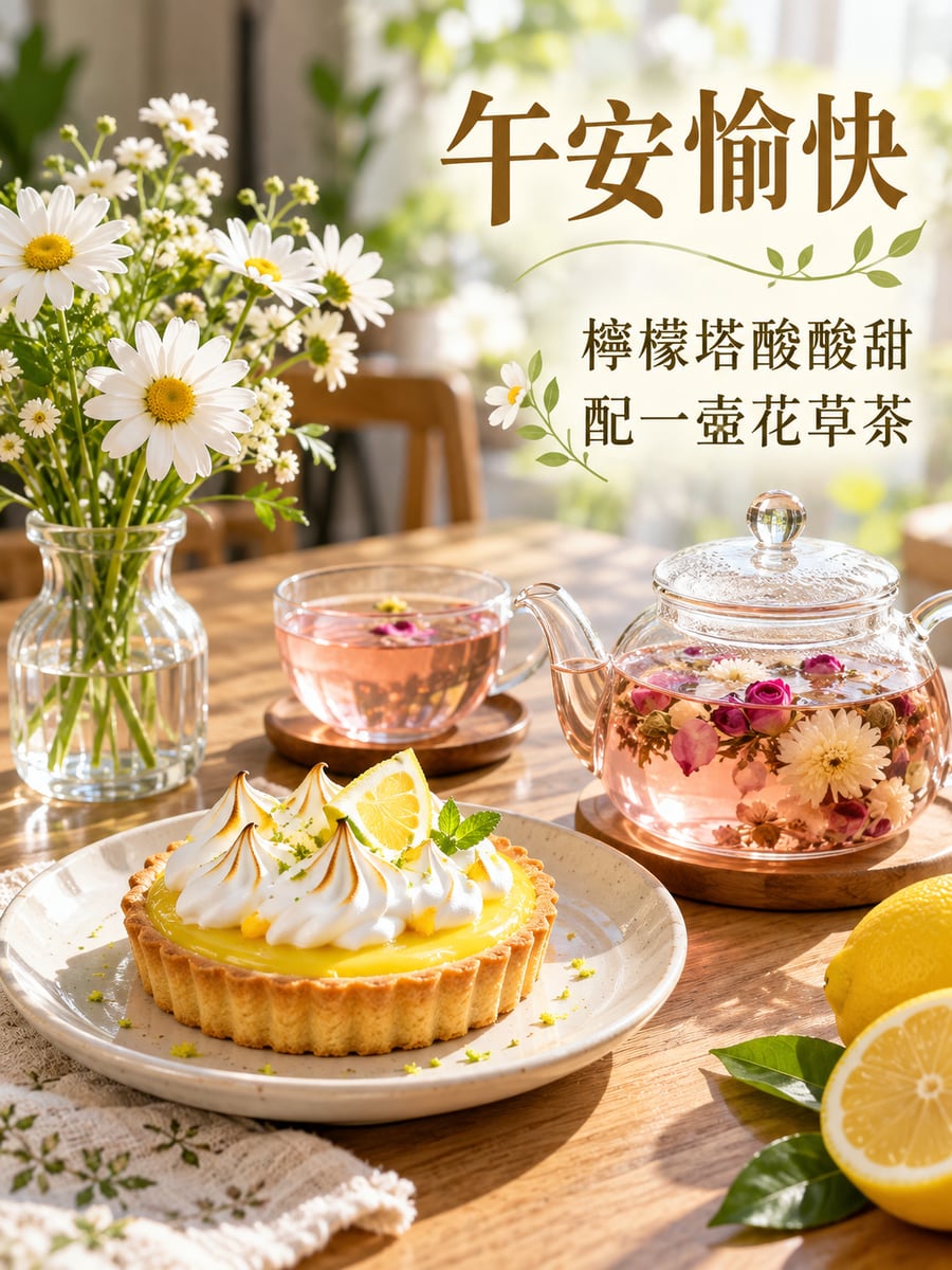 檸檬塔與花草茶。圖中文字：午安愉快，檸檬塔酸酸甜，配一壺花草茶