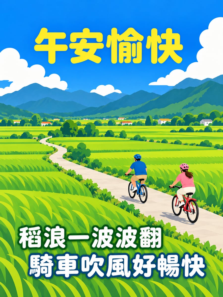 池上稻浪騎車。圖中文字：午安愉快，稻浪一波波翻，騎車吹風好暢快
