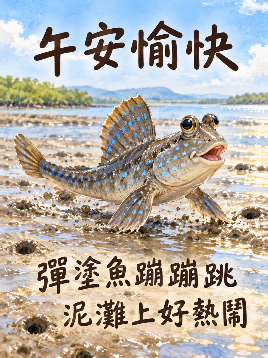 彈塗魚蹦蹦跳。圖中文字：午安愉快，彈塗魚蹦蹦跳，泥灘上好熱鬧