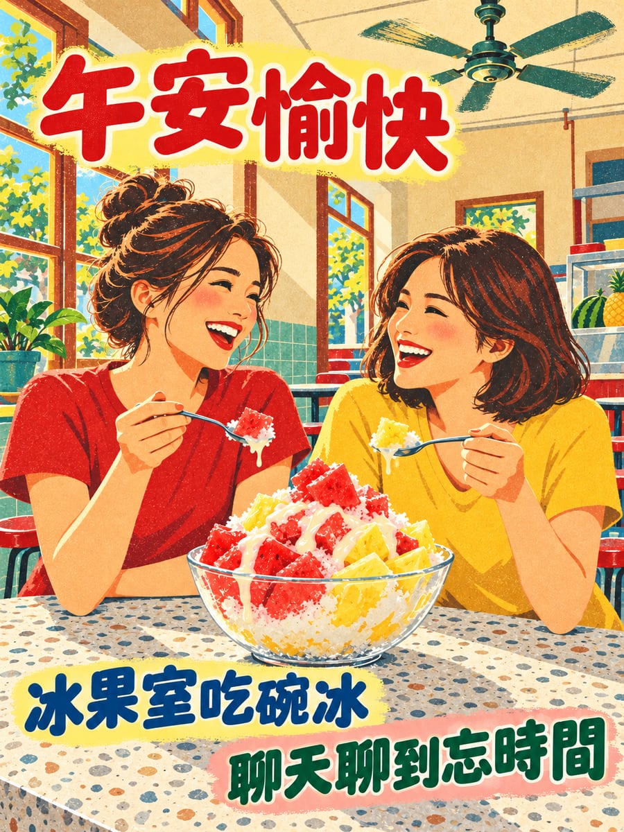姊妹冰果室吃冰。圖中文字：午安愉快，冰果室吃碗冰，聊天聊到忘時間