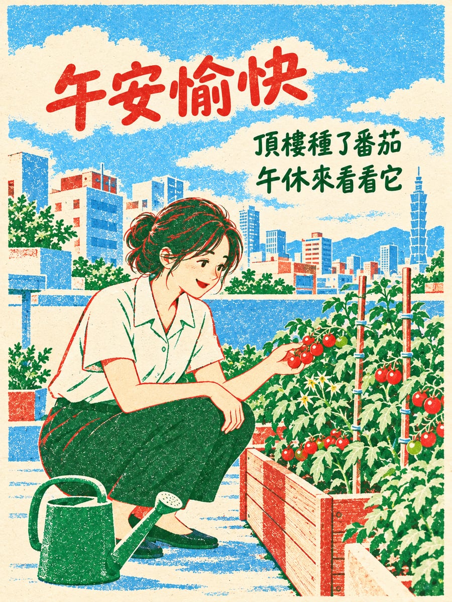 頂樓小菜園。圖中文字：午安愉快，頂樓種了番茄，午休來看看它