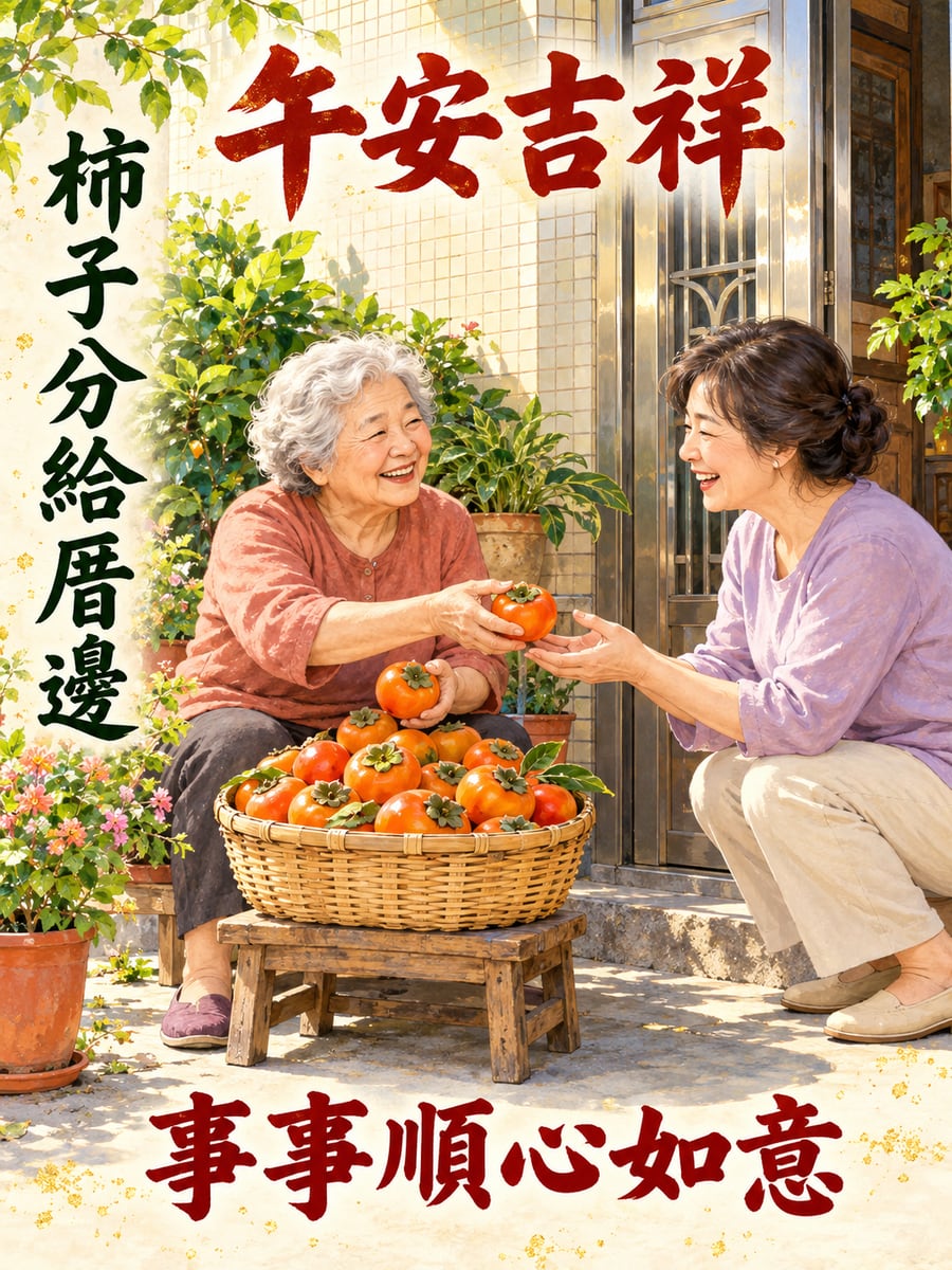 柿子分厝邊。圖中文字：午安吉祥，柿子分給厝邊，事事順心如意