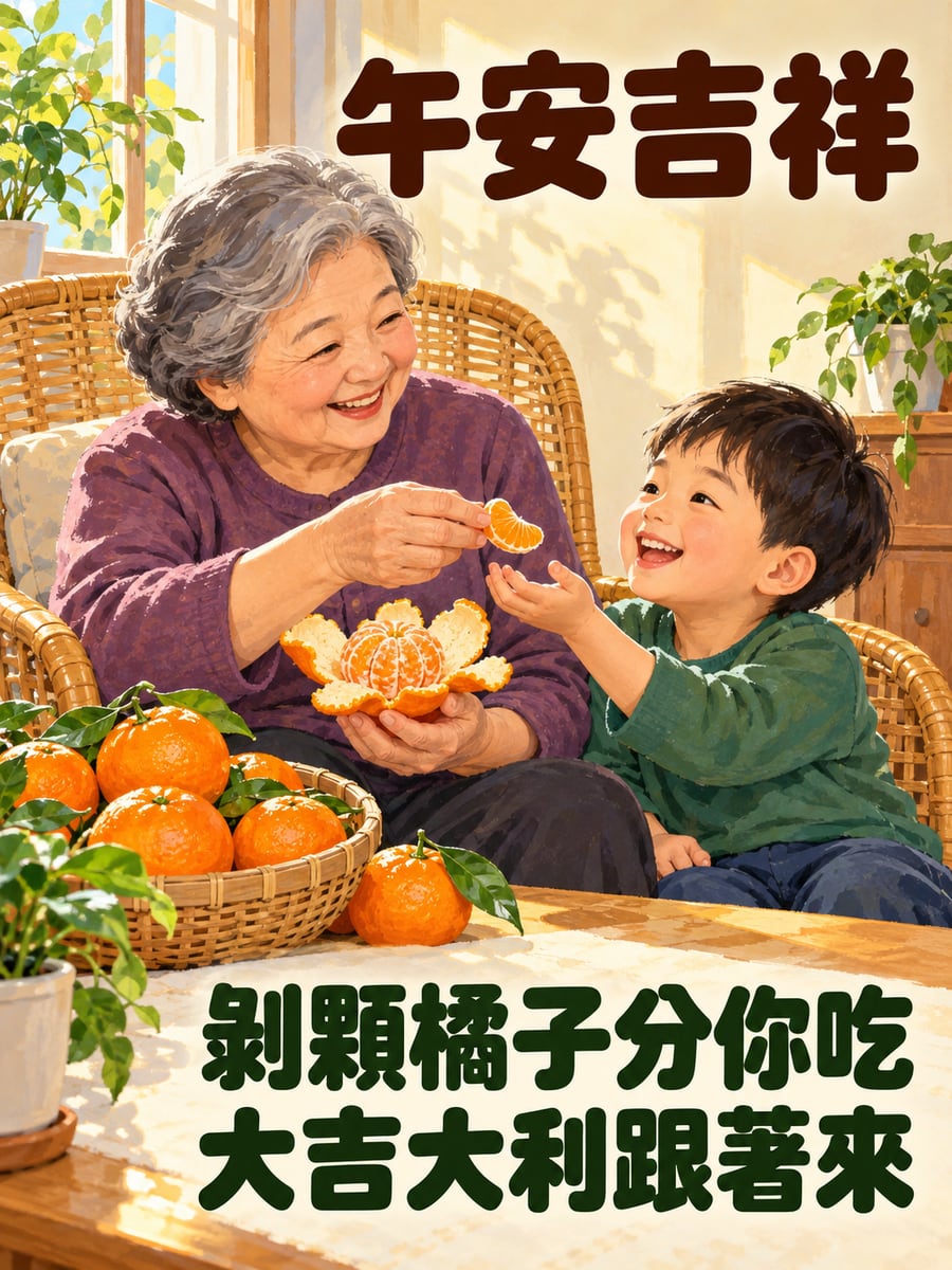 阿嬤剝橘子。圖中文字：午安吉祥，剝顆橘子分你吃，大吉大利跟著來