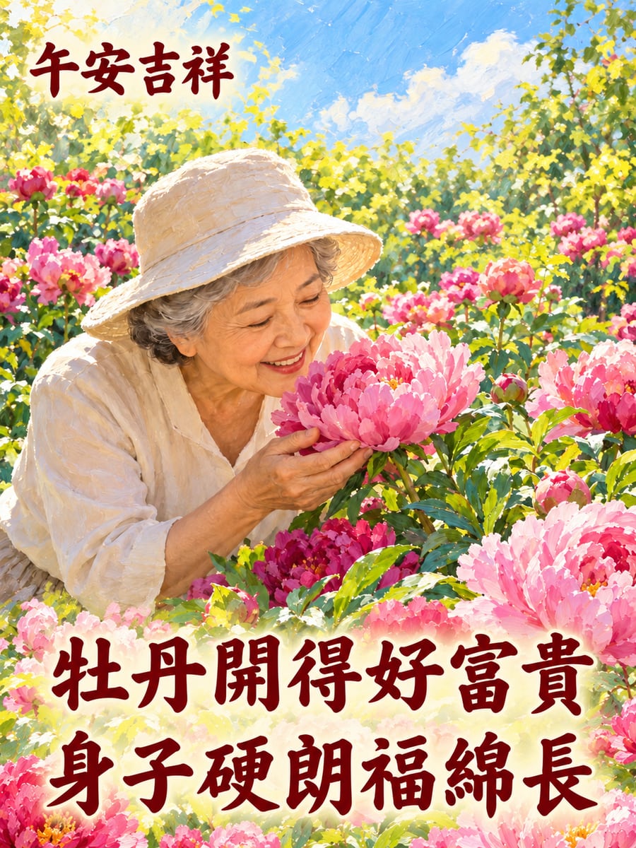 阿嬤賞牡丹。圖中文字：午安吉祥，牡丹開得好富貴，身子硬朗福綿長