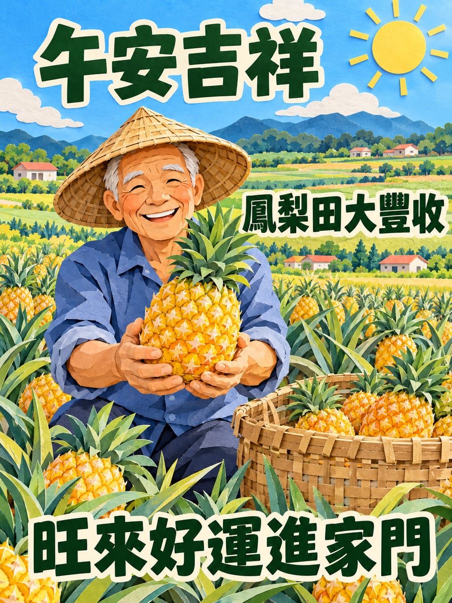 鳳梨田大豐收。圖中文字：午安吉祥，鳳梨田大豐收，旺來好運進家門