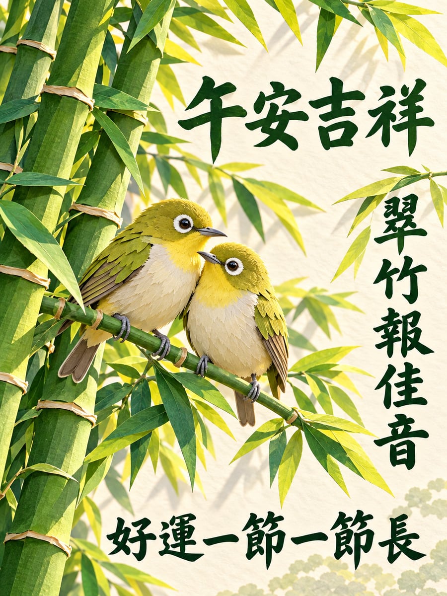 翠竹綠繡眼。圖中文字：午安吉祥，翠竹報佳音，好運一節一節長
