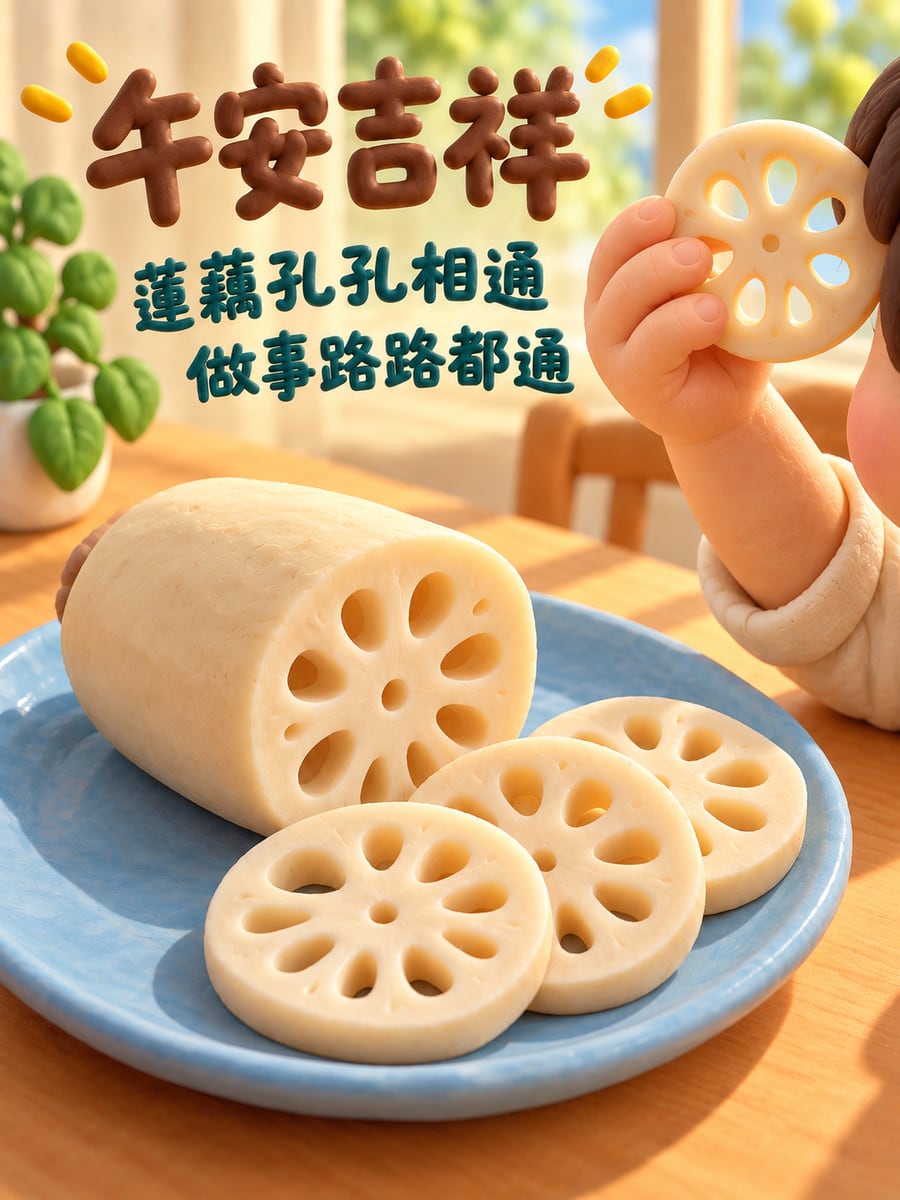 蓮藕路路通。圖中文字：午安吉祥，蓮藕孔孔相通，做事路路都通