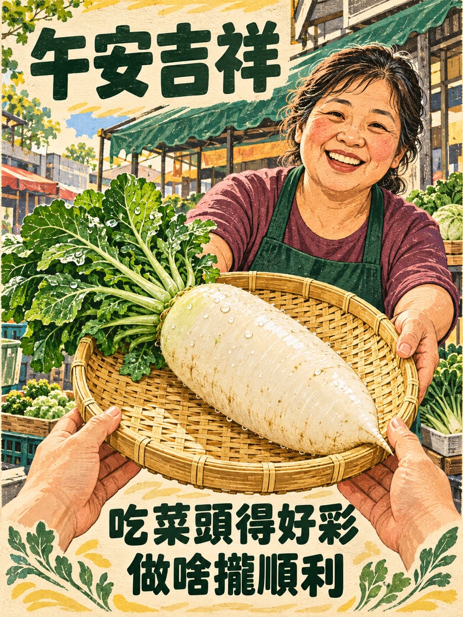 吃菜頭得好彩。圖中文字：午安吉祥，吃菜頭得好彩，做啥攏順利