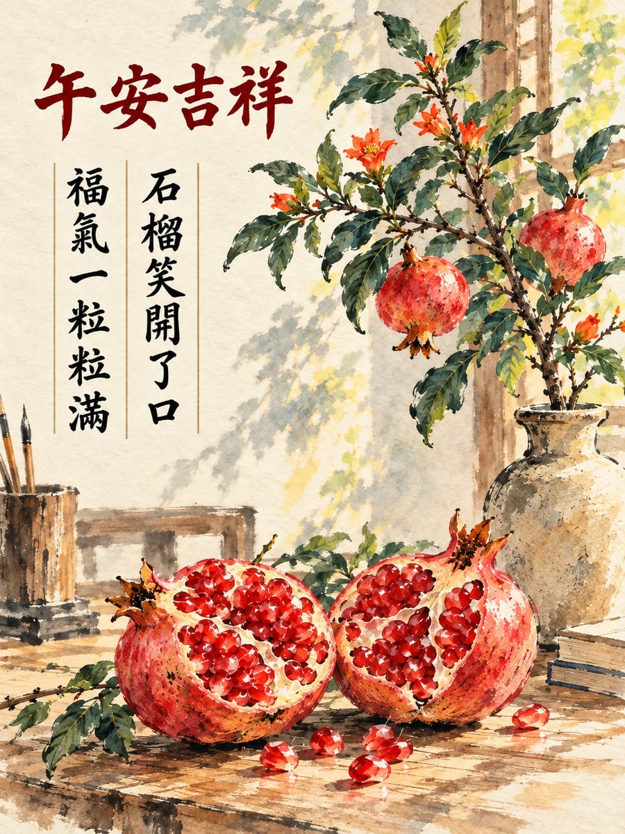 石榴笑開了口。圖中文字：午安吉祥，石榴笑開了口，福氣一粒粒滿