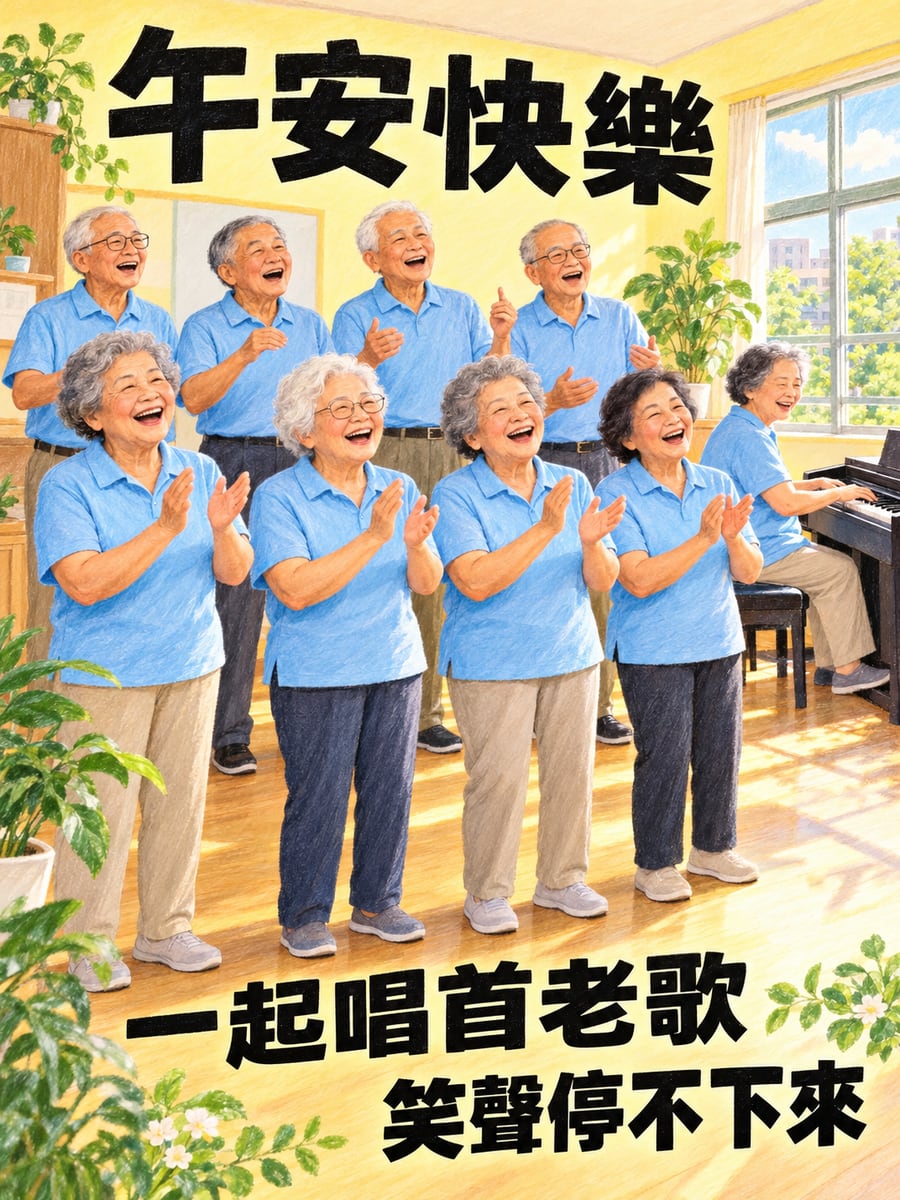 長輩合唱團。圖中文字：午安快樂，一起唱首老歌，笑聲停不下來
