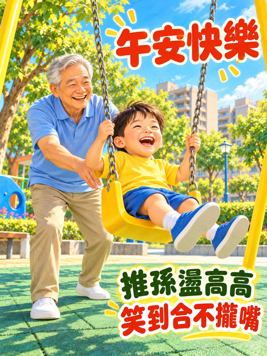 阿公推孫子盪鞦韆。圖中文字：午安快樂，推孫盪高高，笑到合不攏嘴