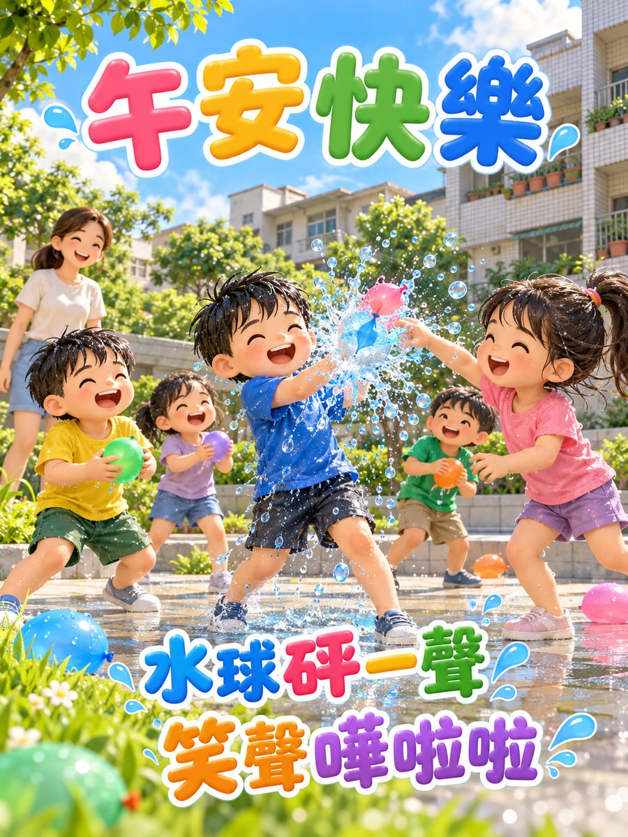 小朋友打水球。圖中文字：午安快樂，水球砰一聲，笑聲嘩啦啦