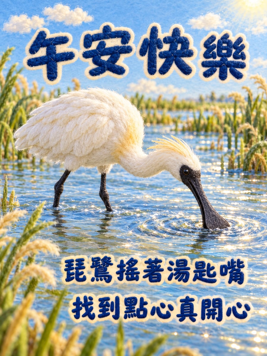 黑面琵鷺找點心。圖中文字：午安快樂，琵鷺搖著湯匙嘴，找到點心真開心