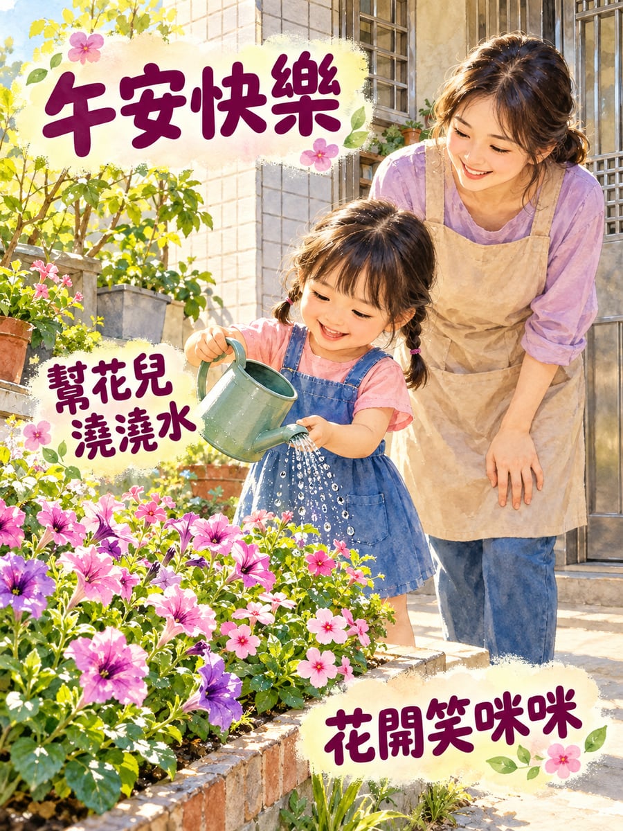 小女孩幫忙澆花。圖中文字：午安快樂，幫花兒澆澆水，花開笑咪咪