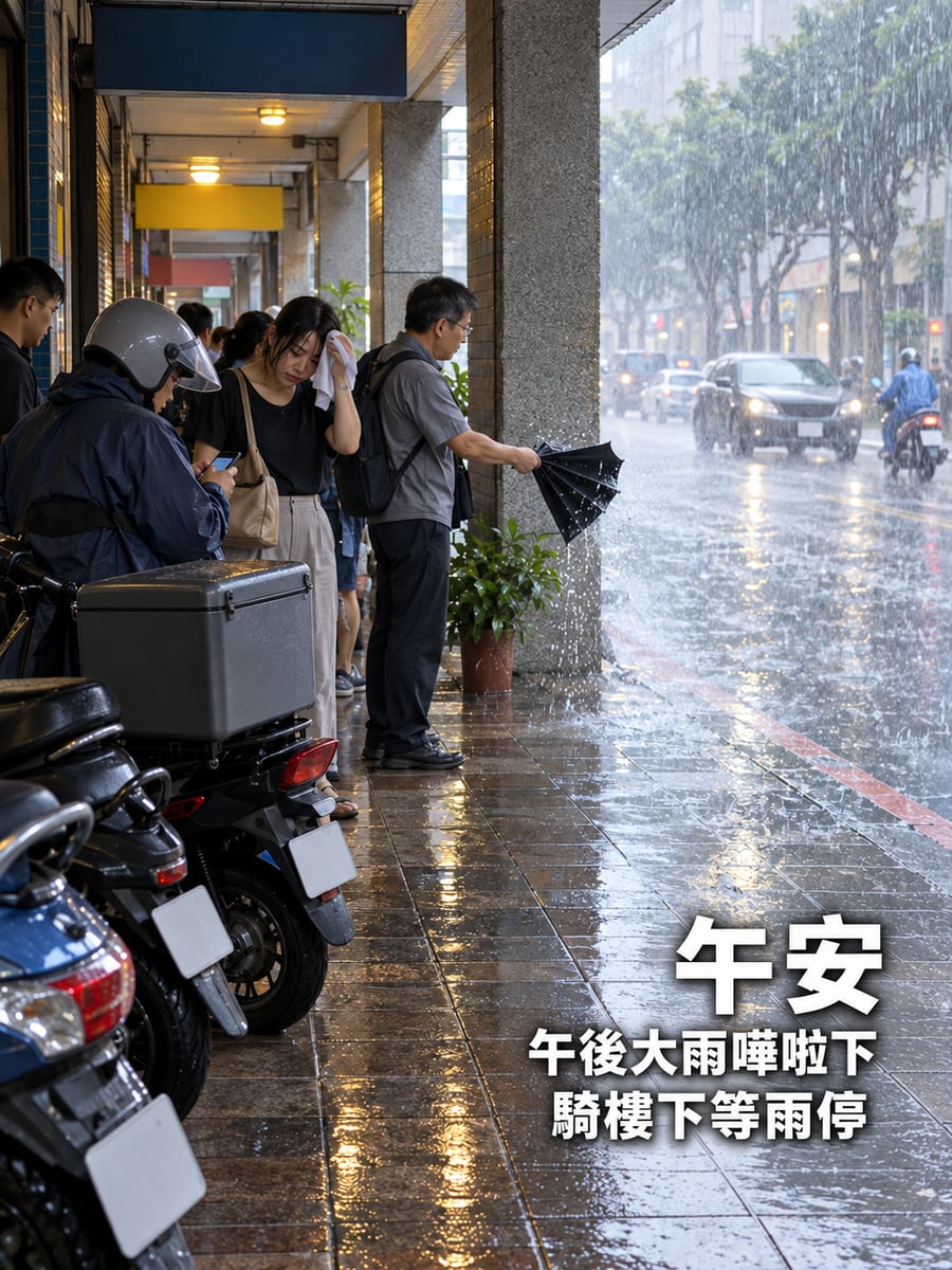 騎樓等雨停。圖中文字：午安，午後大雨嘩啦下，騎樓下等雨停