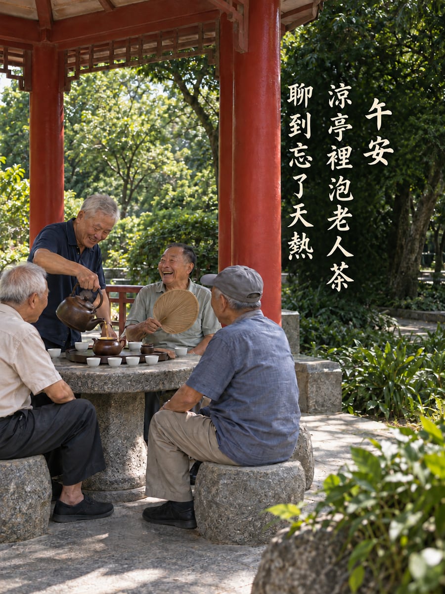 涼亭老人茶。圖中文字：午安，涼亭裡泡老人茶，聊到忘了天熱