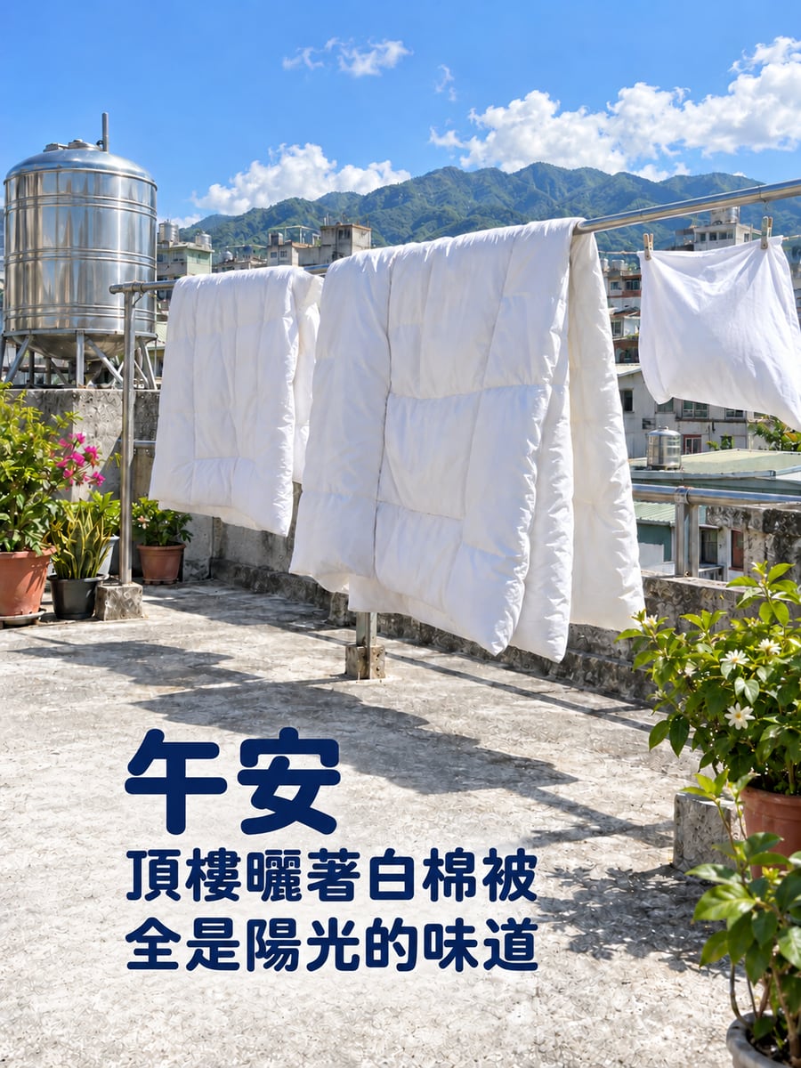 頂樓曬棉被。圖中文字：午安，頂樓曬著白棉被，全是陽光的味道