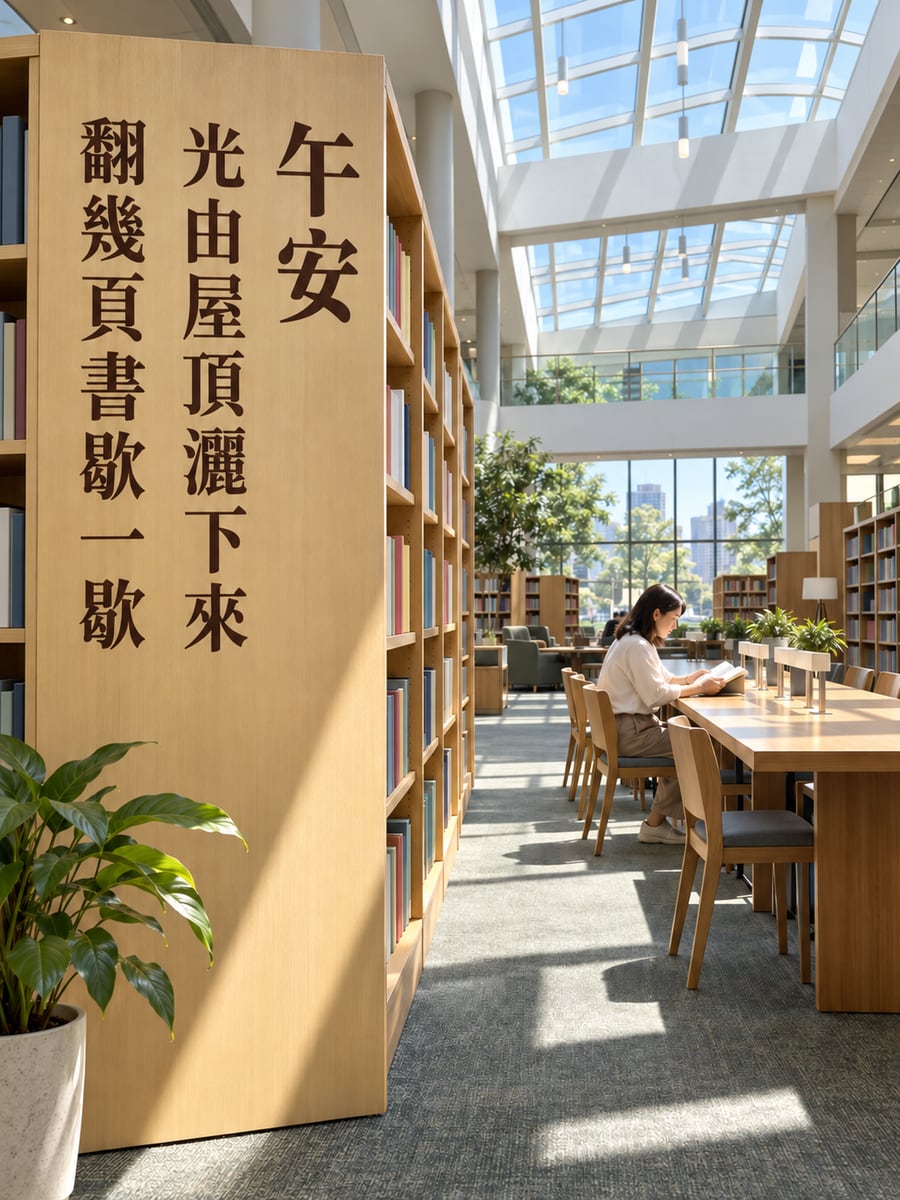 圖書館天光。圖中文字：午安，光由屋頂灑下來，翻幾頁書歇一歇