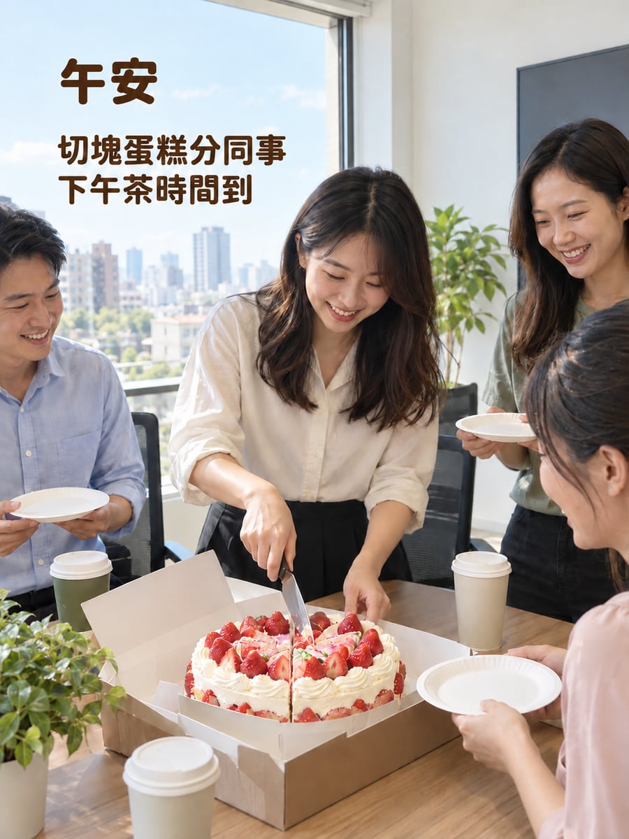 下午茶分蛋糕。圖中文字：午安，切塊蛋糕分同事，下午茶時間到