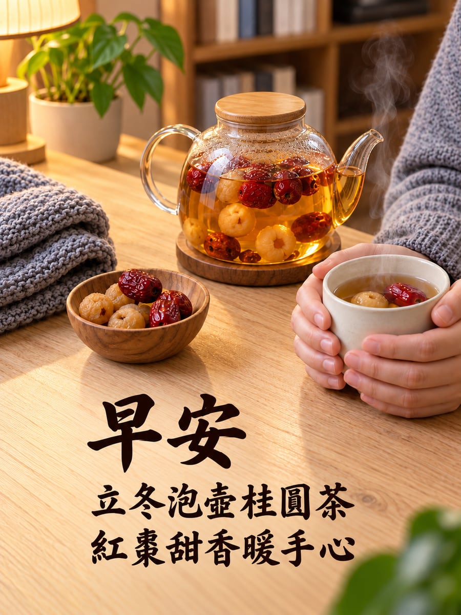 一壺桂圓紅棗茶。圖中文字：早安，立冬泡壺桂圓茶，紅棗甜香暖手心