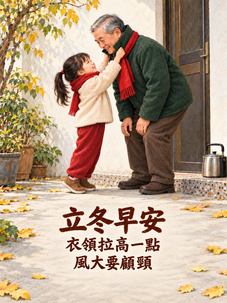 孫女幫阿公拉好衣領。圖中文字：立冬早安，衣領拉高一點，風大要顧頸