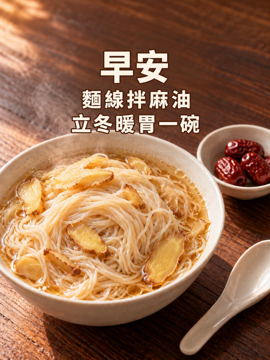 麻油麵線一碗。圖中文字：早安，麵線拌麻油，立冬暖胃一碗