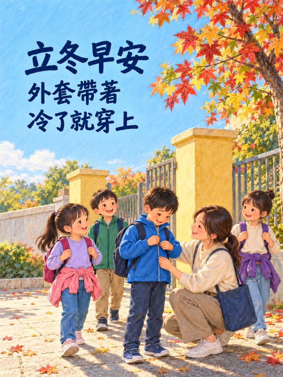 校門口的薄外套。圖中文字：立冬早安，外套帶著，冷了就穿上