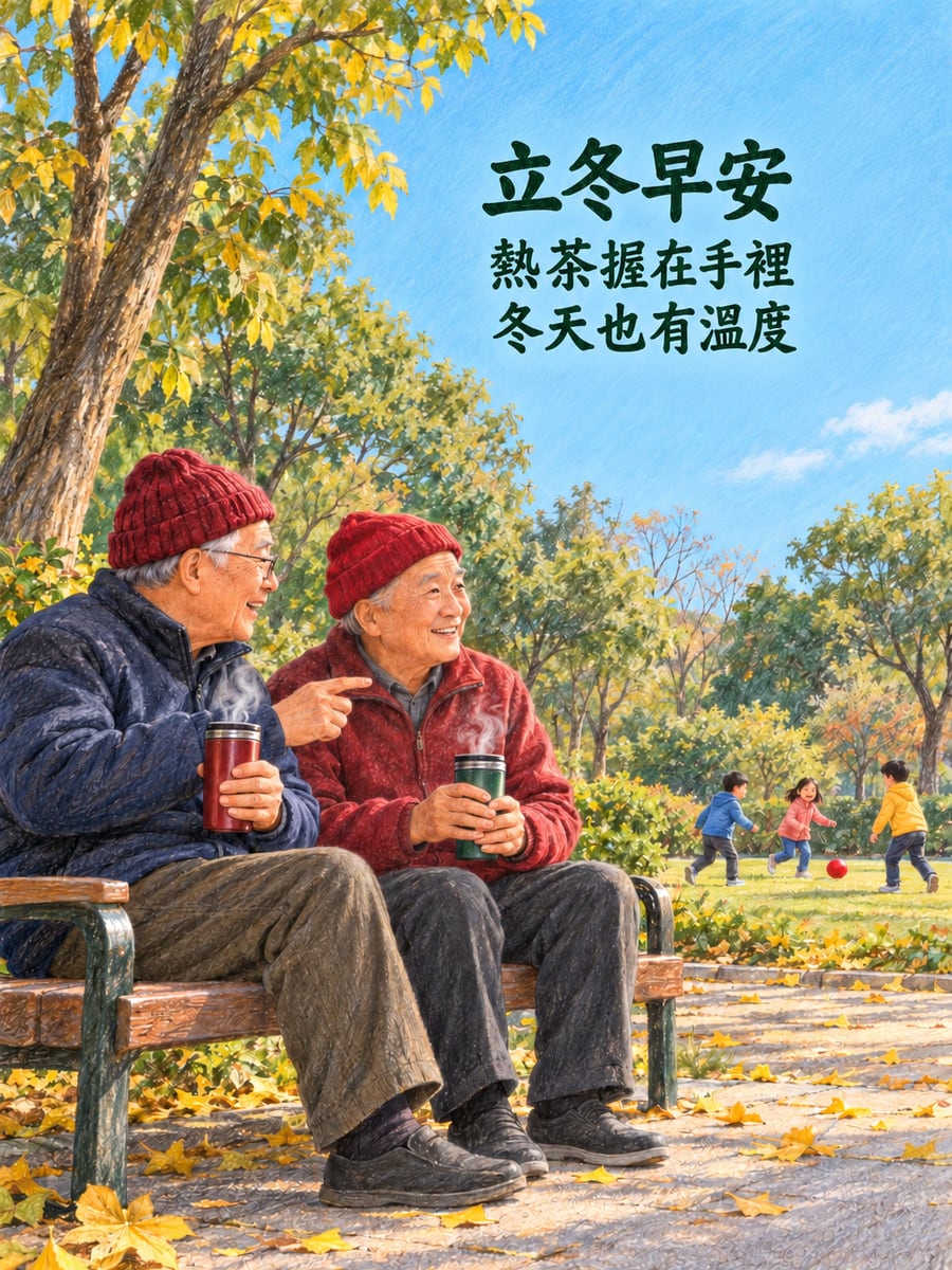 長椅上的熱茶。圖中文字：立冬早安，熱茶握在手裡，冬天也有溫度