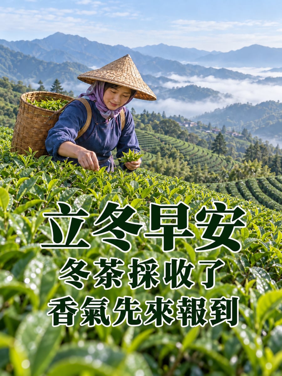 冬茶採收了。圖中文字：立冬早安，冬茶採收了，香氣先來報到