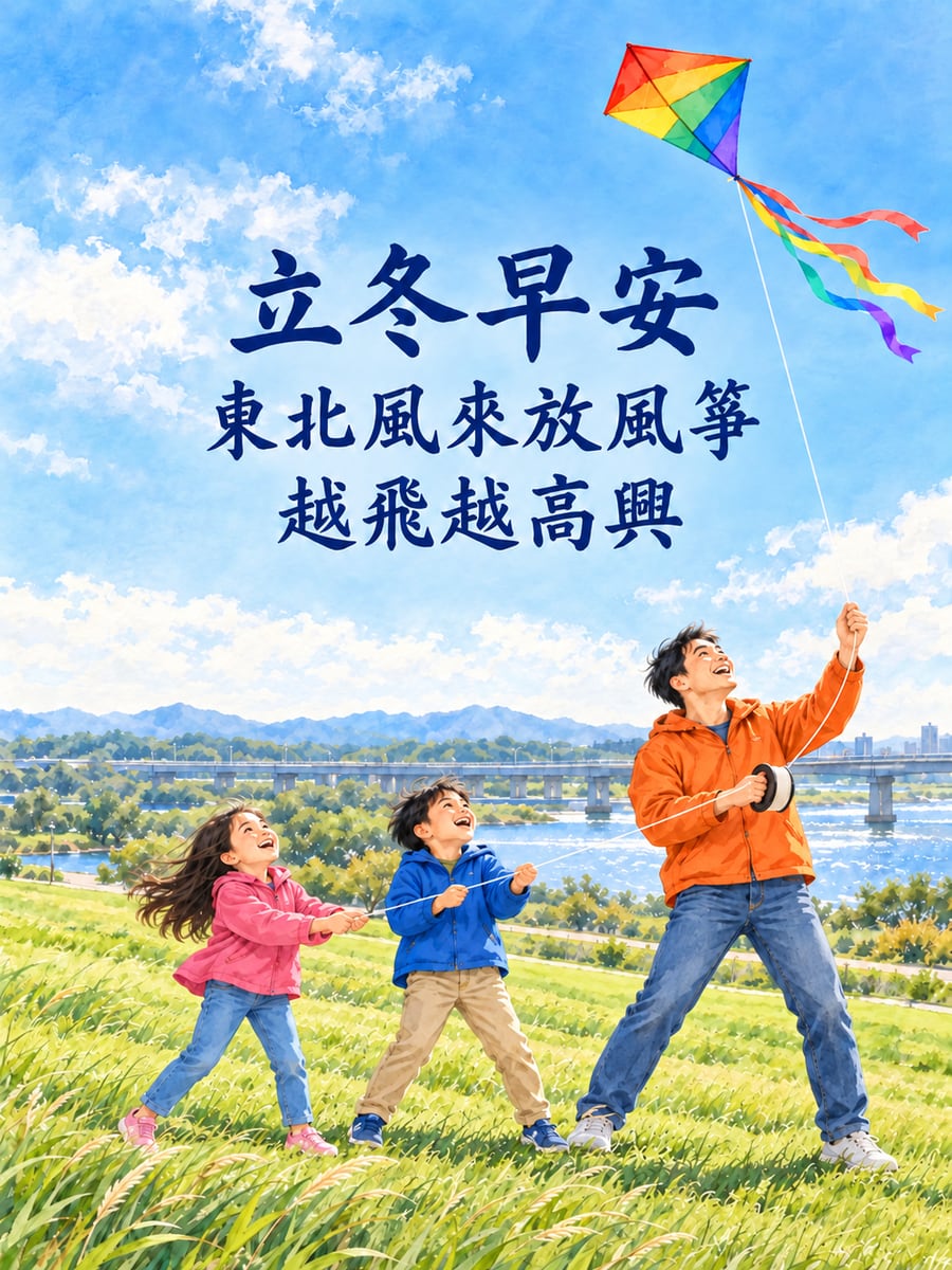 東北風來放風箏。圖中文字：立冬早安，東北風來放風箏，越飛越高興