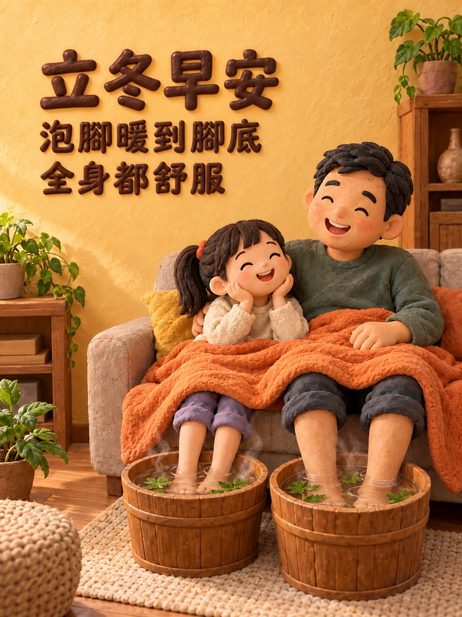 泡腳暖到腳底。圖中文字：立冬早安，泡腳暖到腳底，全身都舒服