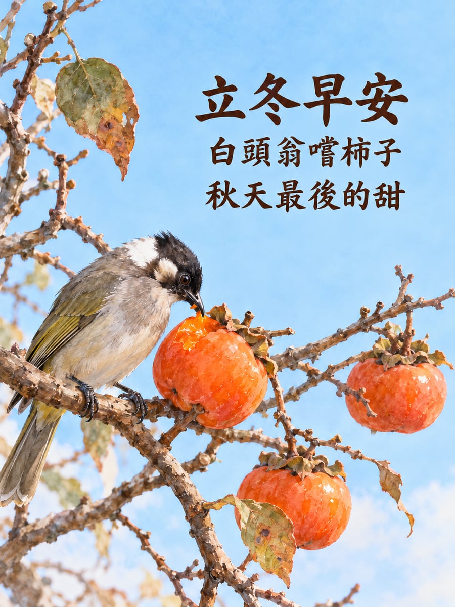白頭翁嚐柿子。圖中文字：立冬早安，白頭翁嚐柿子，秋天最後的甜