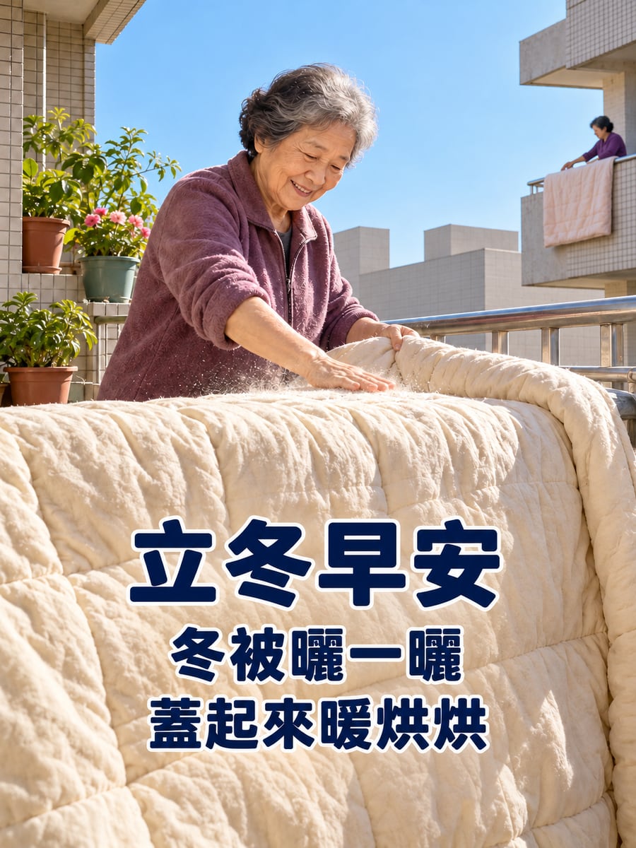 冬被曬曬太陽。圖中文字：立冬早安，冬被曬一曬，蓋起來暖烘烘