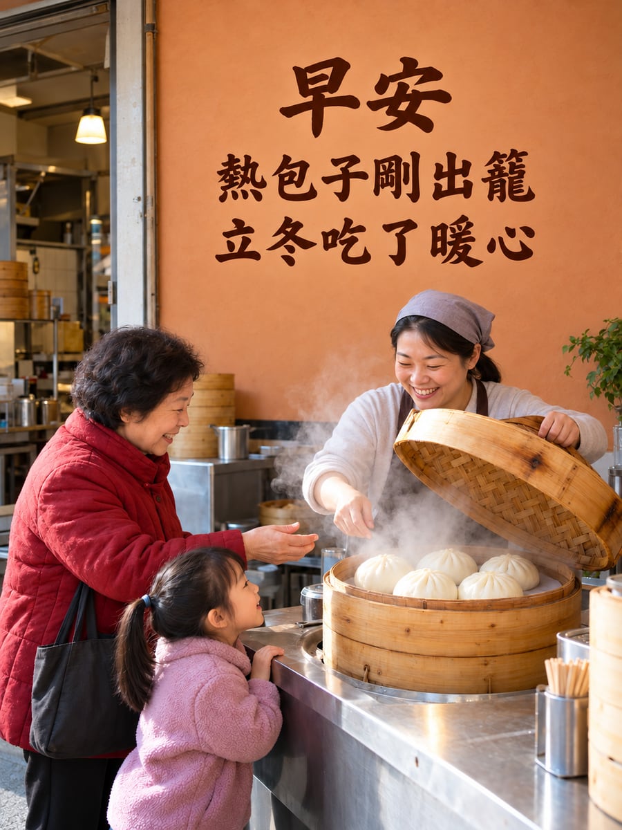 熱包子剛出籠。圖中文字：早安，熱包子剛出籠，立冬吃了暖心
