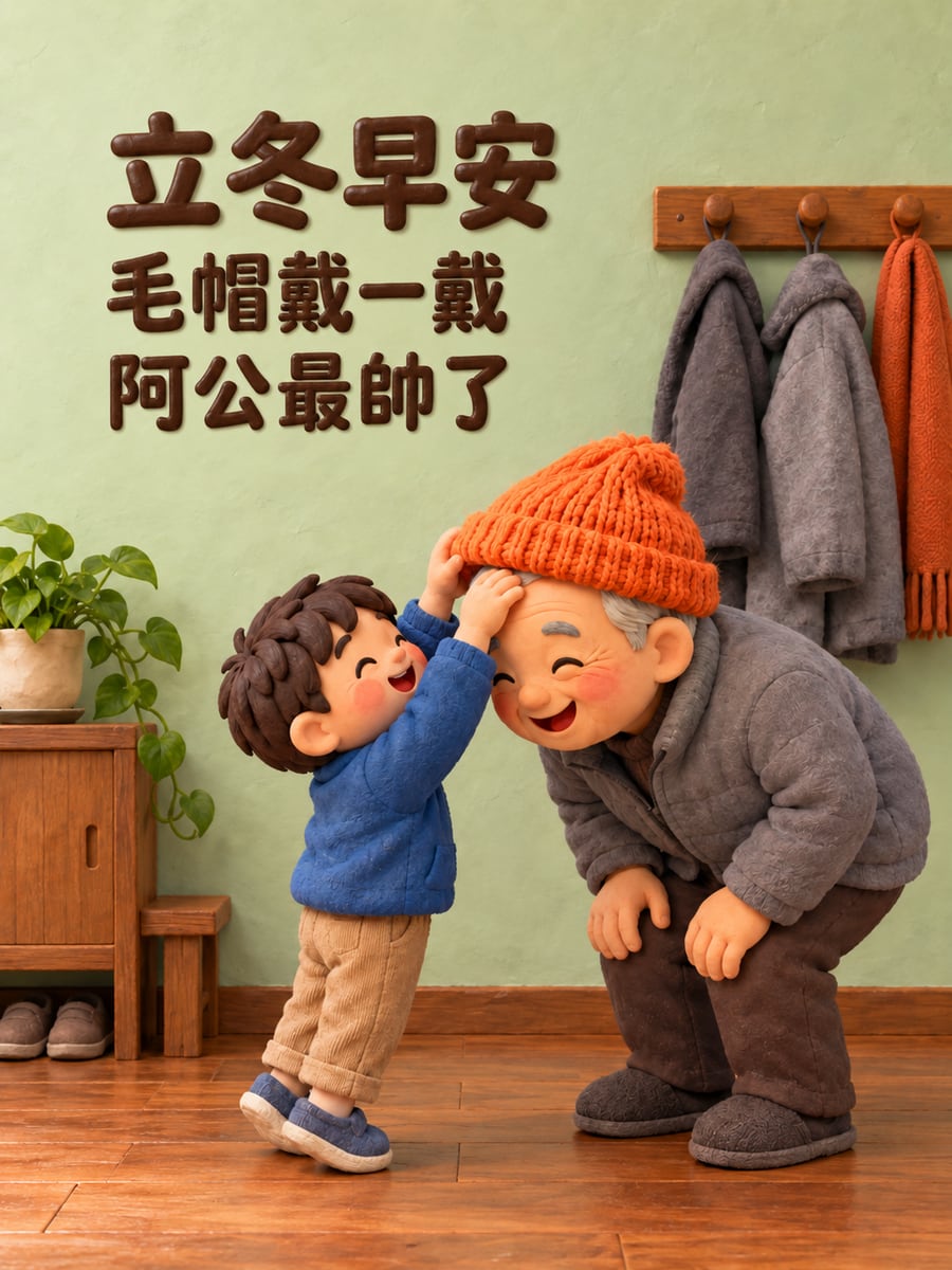 孫子幫阿公戴毛帽。圖中文字：立冬早安，毛帽戴一戴，阿公最帥了