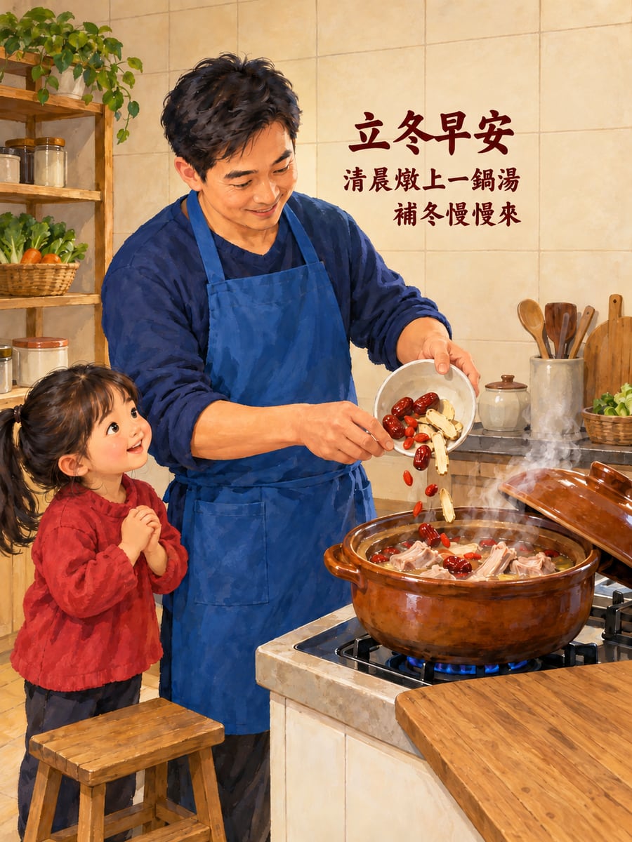 清晨燉上一鍋湯。圖中文字：立冬早安，清晨燉上一鍋湯，補冬慢慢來