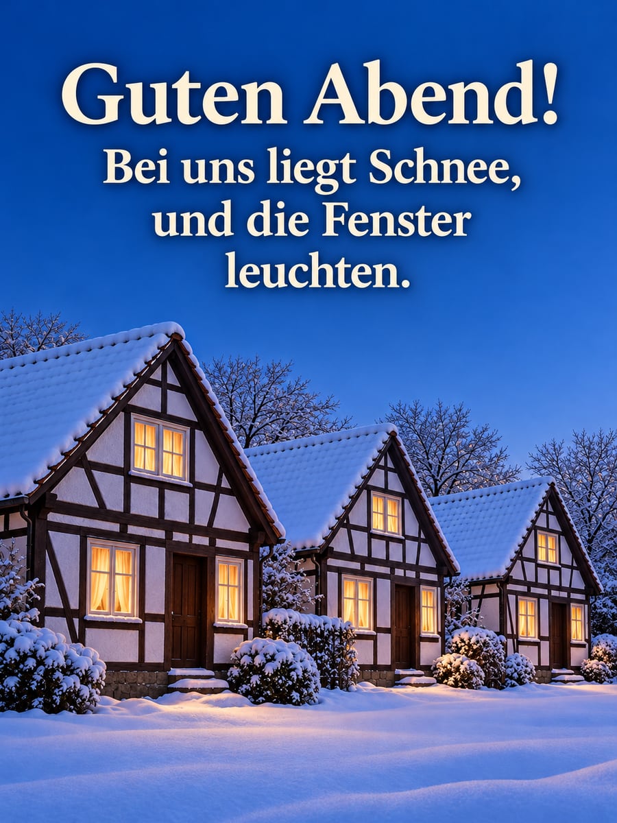 Guten Abend: verschneite Fachwerkhäuser an einer Dorfstraße mit erleuchteten Fenstern zur blauen Stunde